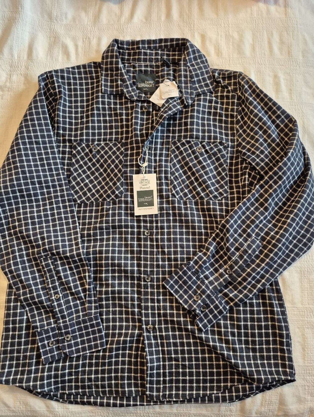 Original Bruno Supersoft men's Large bavy & white long sleeve flannel shirt NWT